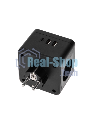 Двойник электрический Rexant Куб 16А с заземлением + 2хUSB-A 2,4А + USB Type-C 3А с ночной подсветкой, черный
