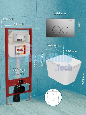 Комплект BAU 6 в 1: рамная инсталляция BAU NEO 45, унитаз подвесной безободковый торнадо обратного потока Bau Stil Hurricane-2, сиденье дюропласт микролифт, круглая хромированная клавиша Aquanika