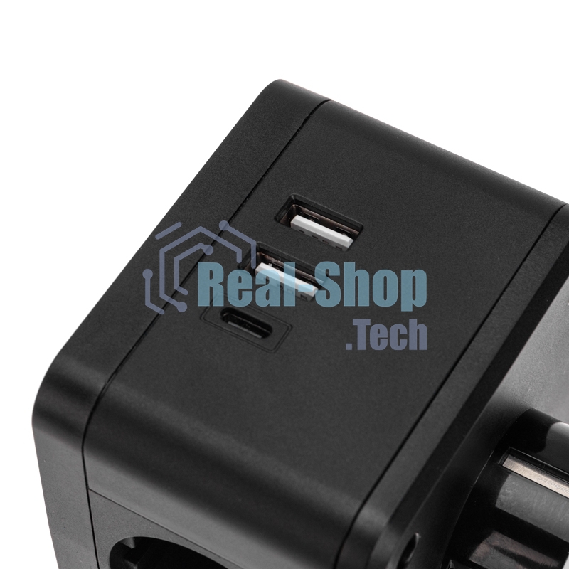 Двойник электрический Rexant Куб 16А с заземлением + 2хUSB-A 2,4А + USB Type-C 3А с ночной подсветкой, черный
