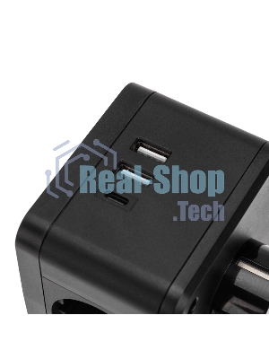 Двойник электрический Rexant Куб 16А с заземлением + 2хUSB-A 2,4А + USB Type-C 3А с ночной подсветкой, черный