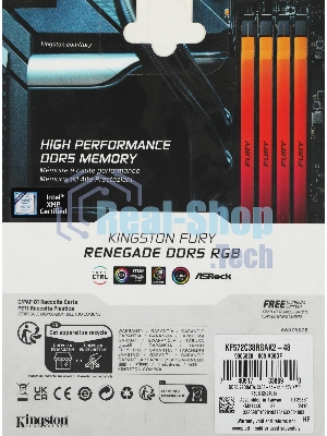 Оперативная память Kingston Fury Renegade, DDR5, 32Gb (2x16GB), 7200MHz, CL38, DIMM, с радиатором, RGB, серебристый/черный