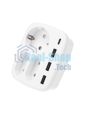 Тройник электрический Rexant 16А + 2х2,5А с заземлением + 3хUSB-A 2,4А + USB Type-C 3А, белый