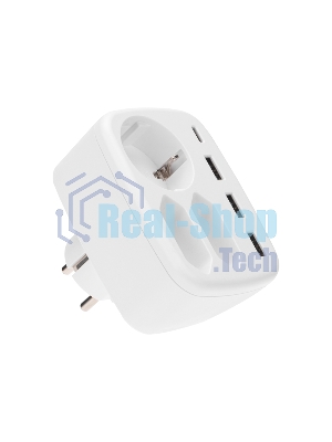Тройник электрический Rexant 16А + 2х2,5А с заземлением + 3хUSB-A 2,4А + USB Type-C 3А, белый