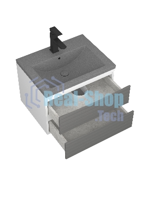 Тумба под раковину Bau Stil Loft grey brushed, раковина кварцевая BAU Stil 58, серый металлик, смеситель Hotel Black, черный