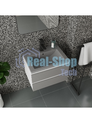 Тумба под раковину Bau Stil Loft grey brushed, раковина кварцевая BAU Stil 58, серый металлик, смеситель Hotel Black, черный