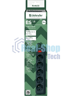 Сетевой фильтр Defender ES, 1.8 м, 5 розеток, черный