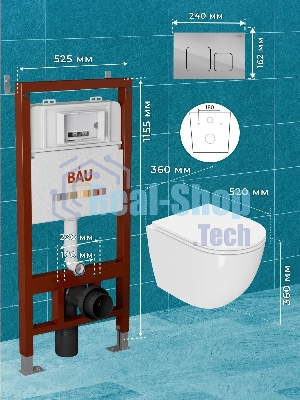 Комплект BAU 6 в 1: инсталляция BAU PRO, унитаз подвесной безободковый торнадо обратного потока Bau Dream 52х36 Hurricane-2, сиденье дюропласт микролифт, кнопка смыва BAU Soul, хром