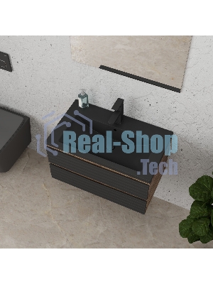 Тумба под раковину Bau Stil Loft black brushed, раковина кварцевая BAU Stil 75, черный металлик, смеситель Hotel Black, черный