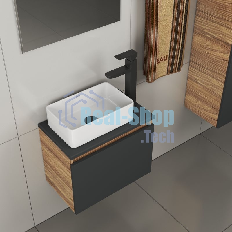 Комплект для ванной, 4 предмета (тумба Bau 50, графит + раковина BAU Hotel mini 37х23 + смеситель Hotel Black, выпуск клик-клак, черный)