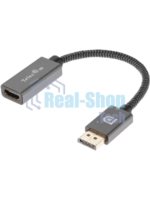Кабель-переходник DP --> HDMI-F 0.2m, серый металлик, оплетка, 4K@60Hz, Telecom (TA560)