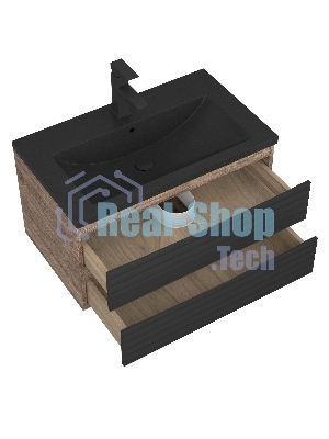 Тумба под раковину Bau Stil Loft black brushed, раковина кварцевая BAU Stil 75, черный металлик, смеситель Hotel Black, черный