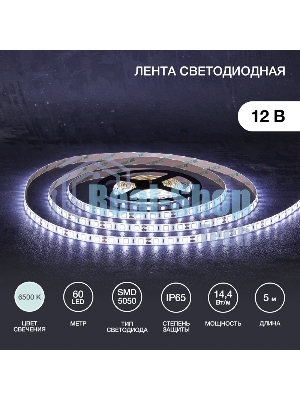 Лента светодиодная 5 м 12 В 5050 6500 К IP65 60 LED/м для БП с клеммами LAMPER