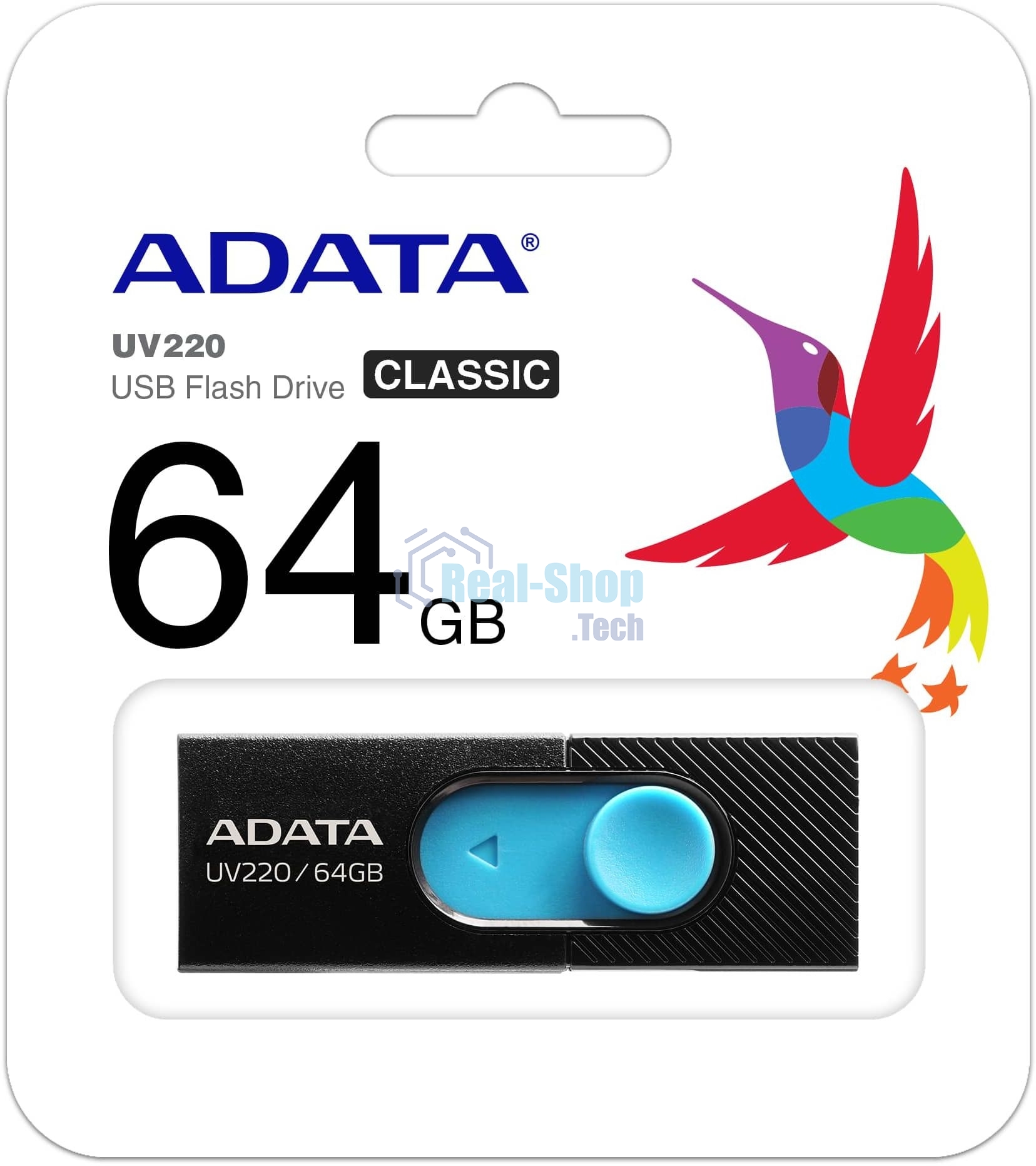Флешка USB ADATA UV220 (AUV220-64G-RBKBL), 64Gb, USB 2.0, R/W 15/5, черный/голубой