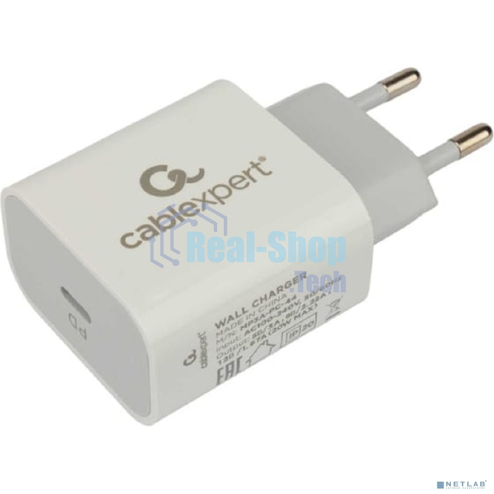 Сетевое зарядное устройство Cablexpert 20Вт, 3А, QC3.0/PD, 1xType-C, белый, пакет