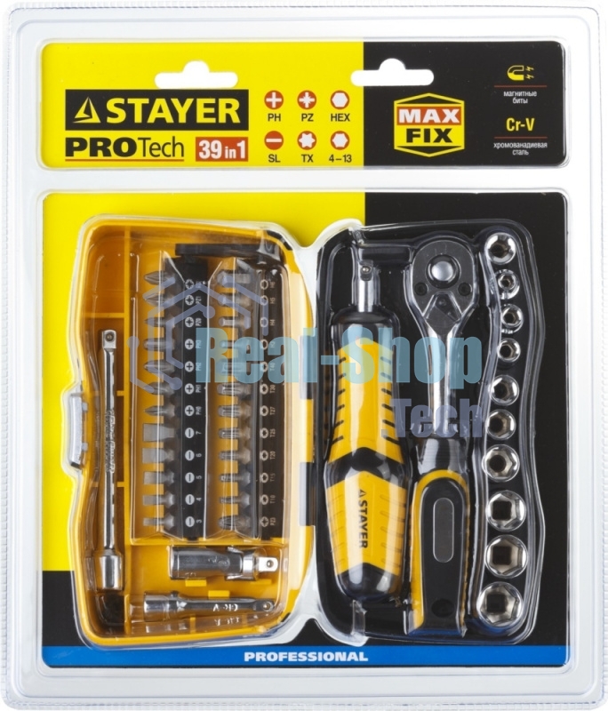 Биты и торцовые головки с трещоткой и воротком 39шт STAYER PROFI 25135-H39