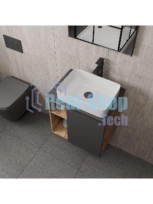 Тумба Bau Dream Blackwood 60 правая, графит, раковина BAU Hotel 48х37, смеситель для раковины высокий Hotel Black, черный, выпуск клик клак, черный