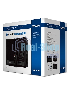 Акустическая система 2.0 SVEN MC-20, черный, мощность 2x45Вт (RMS), FM-тюнер, USB/microSD, дисплей, пульт ДУ, Bluetooth, Optical SVEN MC-20, черный, акустическая система 2.0, мощность 2x45Вт (RMS), FM-тюнер, USB/microSD, дисплей, пульт ДУ, Bluetooth, Optical