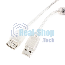 Кабель-удлинитель USB2.0 Pro Cablexpert CCF-USB2-AMAF-TR-15, AM/AF, 4,5м, экран, 2феррит.кольца, прозрачный, пакет