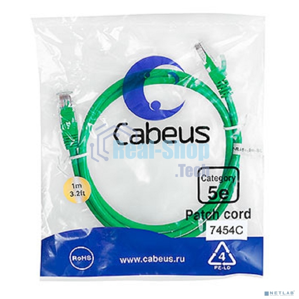 Шнур комм. Cabeus, кат. 5е, неэкр., U/UTP, RJ45/RJ45, PVC, AWG24, 1м, зелёный