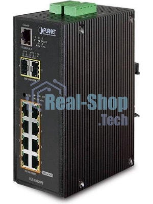 Коммутатор индустриальный PoE IGS-10020PT для монтажа в DIN-рейку IP30 L2+ SNMP Manageable 8-Port Gigabit POE(Af) Switch + 2-Port Gigabit SFP Industrial Switch (-40 to 75 C), ERPS Ring Supported, 1588