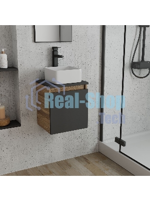 Тумба Bau Dream Blackwood 35 с ящиком, графит, раковина BAU Mini 24х24, смеситель для раковины высокий Hotel Black, черный