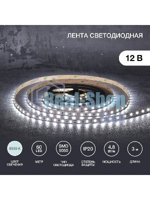 Лента светодиодная 3 м 12 В 5050 6500 К IP23 60 LED/м для БП с клеммами LAMPER