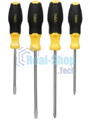 Набор отверток Deli DL630004N 4шт SL5x100 + SL6x150 + PH1x100 + PH2x150 сталь Cr-V, двухкомпонентная прорезиненная рукоять