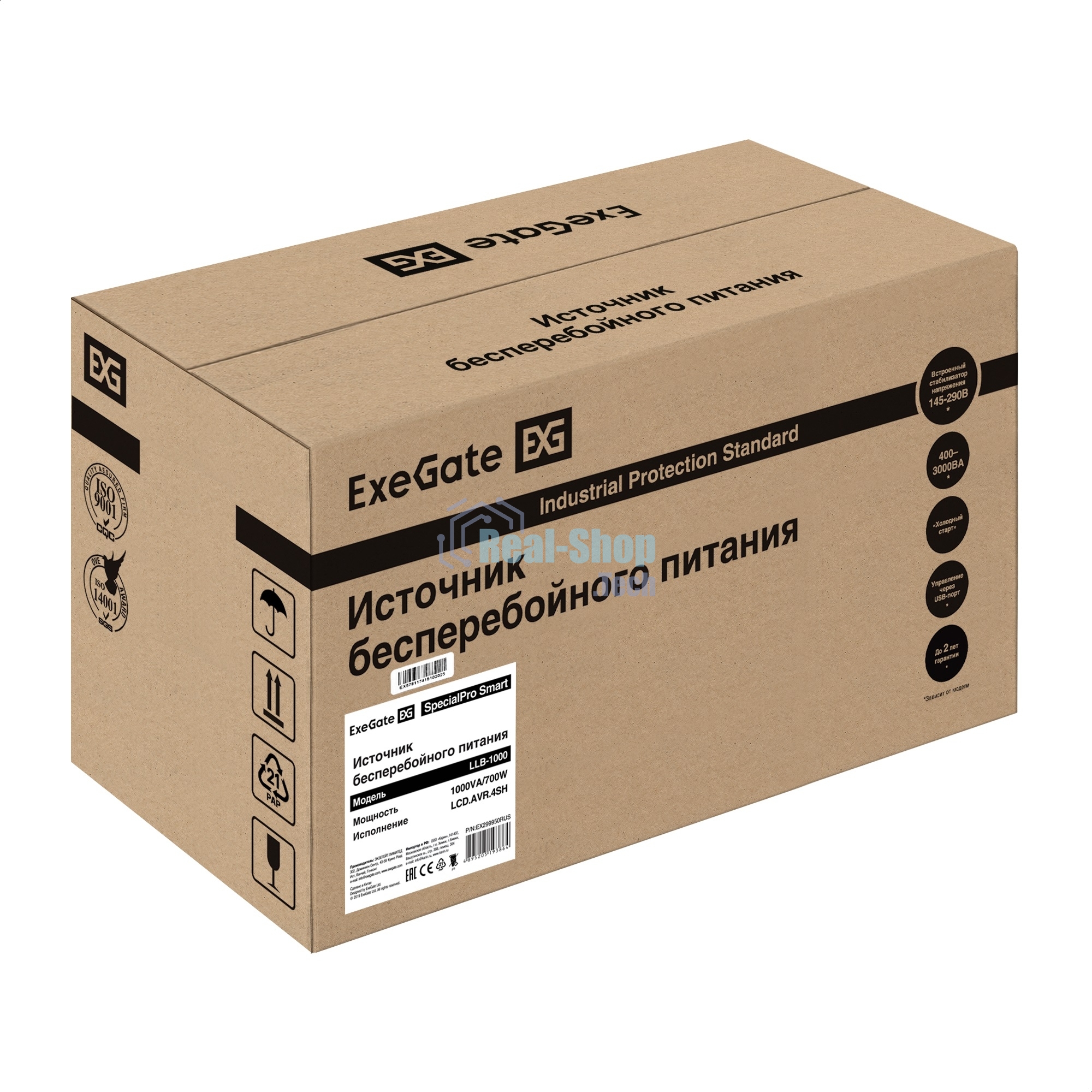 Источник бесперебойного питания ExeGate SpecialPro Smart LLB-1000.LCD.AVR.4SH (1000VA/700W, LCD, AVR, 4*Schuko, батарея 12V 7.2Ah - 2 шт., металлический корпус, Black)