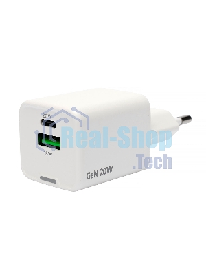 Зарядное устройство Cablexpert MP3A-PC-61, 20Вт GaN, 3А, QC4.0/PD, 1xUSB, 1xType-C, белый, пакет