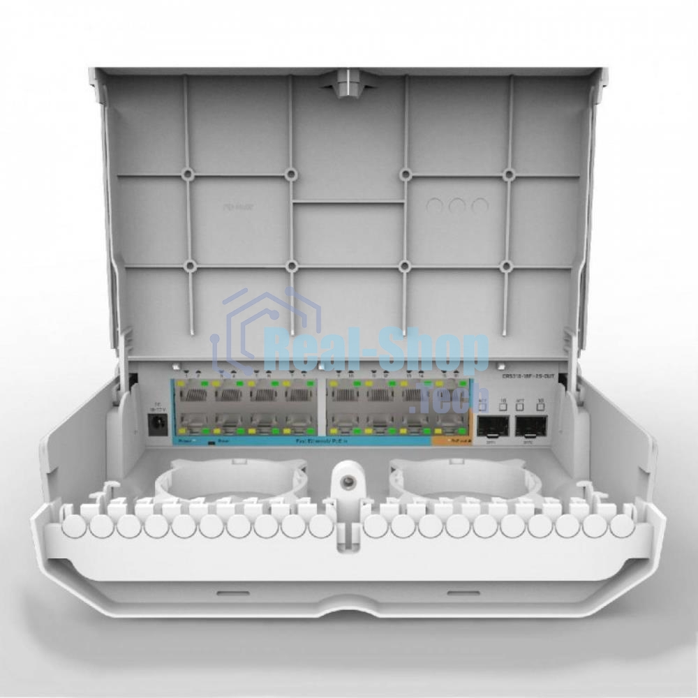 Коммутатор MikroTik Cloud Router Switch 318-16P-2S+OUT with 800MHz CPU, 256MB RAM, 16x Gigabit LAN with PoE-out, 2xSFP+ cages, RouterOS L5 or SwitchOS (dual boot), outdoor enclosure, mounting kit (power supply N
