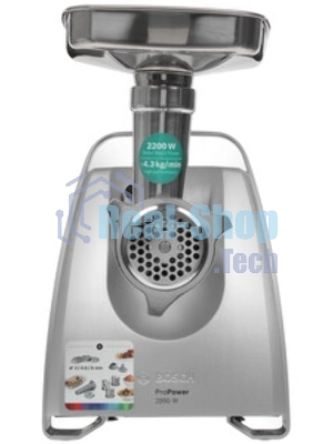 Мясорубка электрическая Bosch MFW68640 черный, 2200 Вт, 4.3 кг/мин, реверс, металлический лоток, насадки - 5