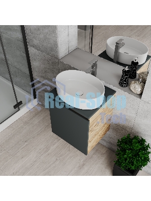 Тумба Bau Dream Blackwood 50 графит, раковина BAU Nimb 50х36, смеситель для раковины высокий Hotel Still, нержавеющая сталь, выпуск клик клак, белый