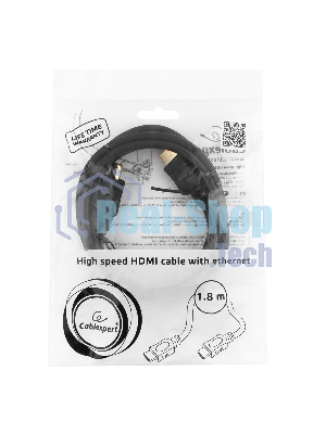 Кабель Cablexpert HDMI CC-HDMI4L-6, 19M/19M, v2.0, серия Light, позол.разъемы, экран, 1.8м, черный, пакет