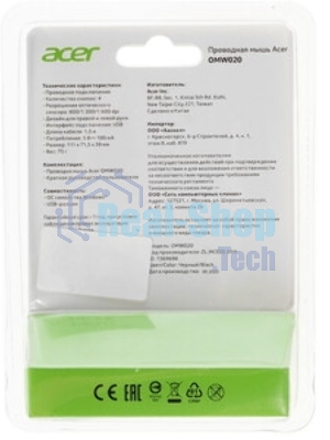 Мышь проводная Acer OMW020 черный, 1600 dpi, USB, кнопки - 4