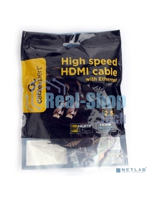 Кабель Cablexpert HDMI CCP-HDMI8К-2.5M, 19M/19M, v2.1, 8К, медь, позол.разъемы, экран, оплетка, 2.5м, черный, пакет