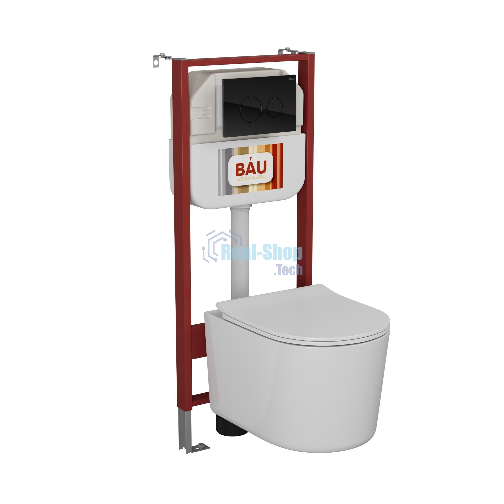 Комплект BAU 6 в 1: рамная инсталляция BAU NEO 45, унитаз подвесной безободковый Bau Hotel PRO, быстросъемное сиденье микролифт, кнопка смыва из стекла BAU Dream дизайнерская, черная