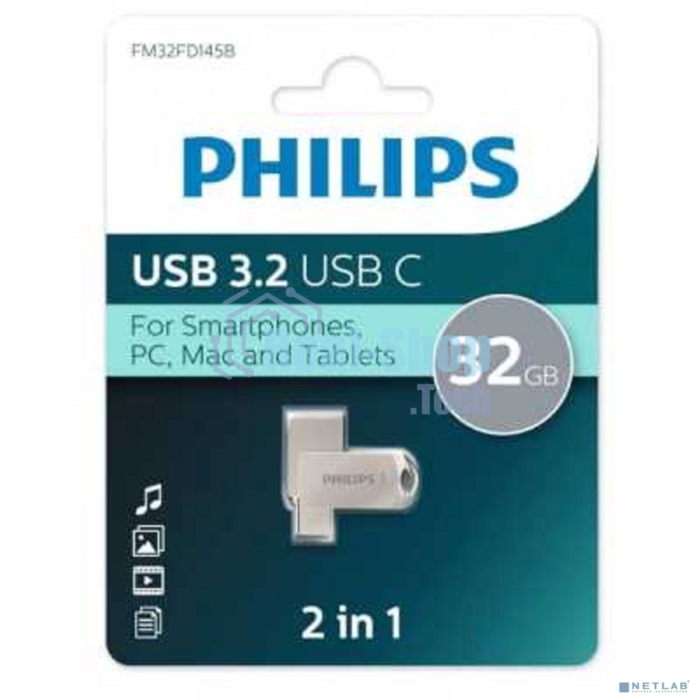 Флешка USB 32Gb PHILIPS 2-in-1 USB 3.2 USB C, OTG, USB 3.2/Type-C, Металл, 100 Mb/s