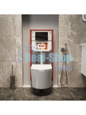 Комплект BAU 6 в 1: рамная инсталляция BAU NEO 45, унитаз подвесной безободковый Bau Hotel PRO, быстросъемное сиденье микролифт, кнопка смыва из стекла BAU Dream дизайнерская, черная