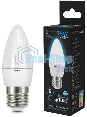 Лампа светодиодная Gauss 103102310 9.5Вт цок.: E27 свеча 220B 6500K св. свеч. бел. хол. (упак.: 10 шт)