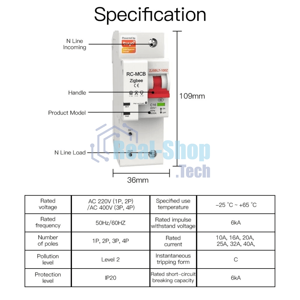Выключатель MOES Zigbee circuit breaker 1P 16A ZCB-SC-1P16