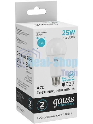 Лампа светодиодная Gauss Elementary 25Вт цок.: E27 груша 220B 4100K св. свеч. белый ней. A67 (упак.: 10 шт)