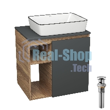 Тумба Bau Dream Blackwood 60 правая, графит, раковина BAU Hotel Black Rand 48х37, выпуск клик клак, хром