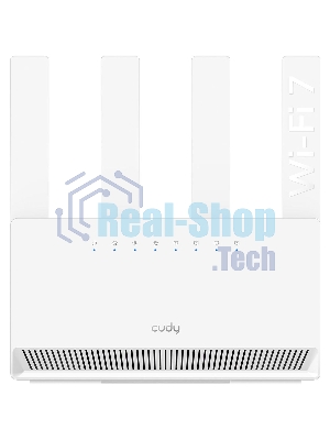 Маршрутизатор Cudy BE3600 Gigabit Dual Band Wi-Fi 7 Mesh Router, Chipset Broadcom, 802.11be/ax/ac/a/b/g/n, 2882Mbps at 5GHz + 688Mbps at 2.4GHz, 4 x 10/100/1000Mbps Ports, 4 x 5dBi fixed antennas, WiFi router/AP/Repeater/WISP Mode, PPTP/L2TP/OpenVPN/WireGuard, MLO, MU-MIMO, Guest network, WPS, DDNS, IPv6, IPTV, WOL, WPA3, TR069/TR098/TR111/TR181, Cudy APP