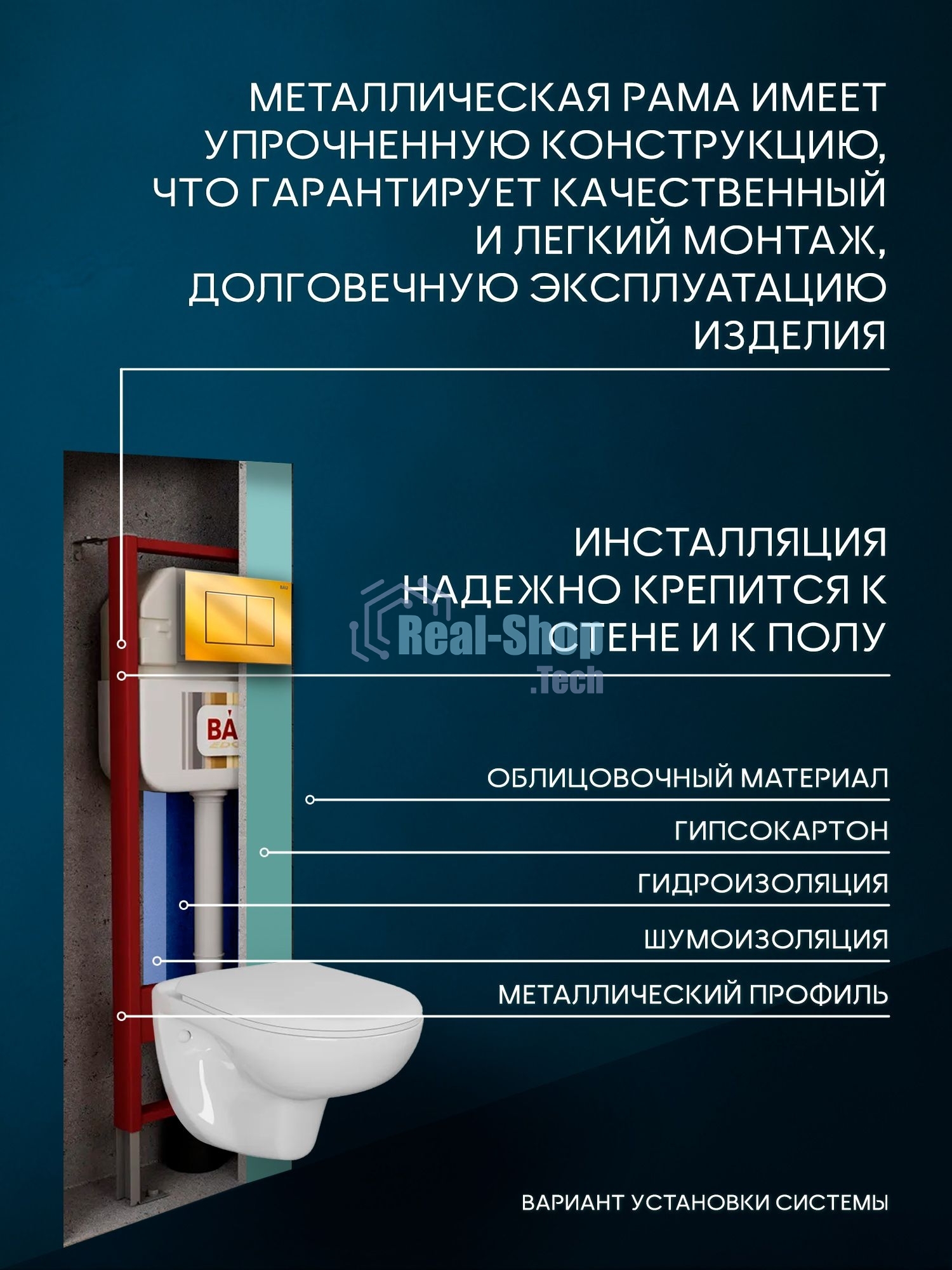 Комплект BAU 6 в 1: рамная инсталляция, унитаз подвесной безободковый Bau Novo, быстросъемное сиденье микролифт, кнопка смыва BAU Stil, золото