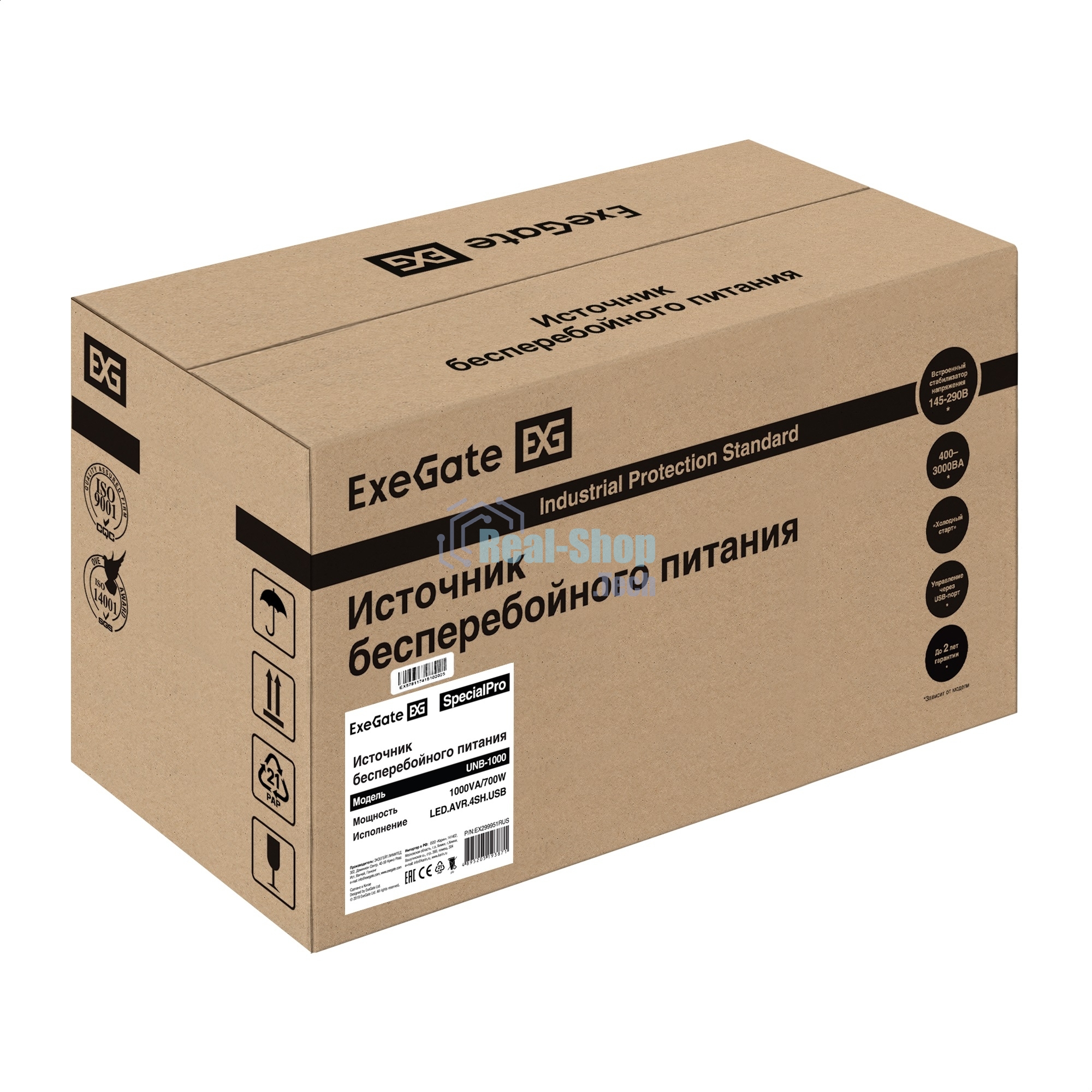 Источник бесперебойного питания ExeGate SpecialPro UNB-1000.LED.AVR.4SH.USB (1000VA/700W,LED, AVR, 4*Schuko, USB, батарея 12V 7.2Ah - 2 шт., металлический корпус, Black)