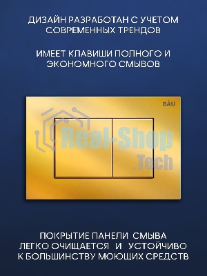 Рамная инсталляция BAU NEO 45 для подвесного унитаза и кнопка смыва BAU Stil для инсталляции, золото