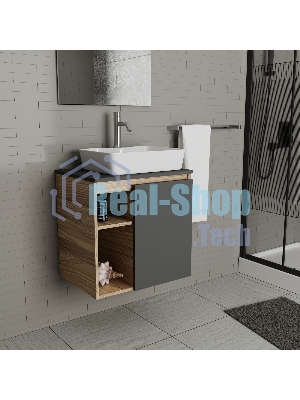 Тумба Bau Dream Blackwood 60 правая, графит, раковина BAU Cerama 48х37 белая, смеситель Hotel Dream, нерж. сталь