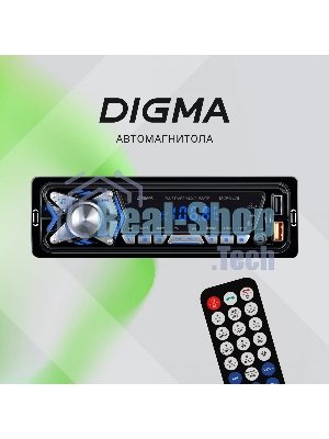 Автомагнитола Digma MCP-227B, 1 DIN, Bluetooth, USB Type-A, AUX, пульт ДУ