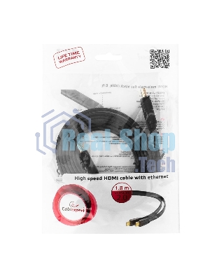 Кабель Cablexpert HDMI CC-HDMI4F-6, 19M/19M, v2.0, медь, позол.разъемы, экран, плоский кабель, 1.8м, черный, пакет