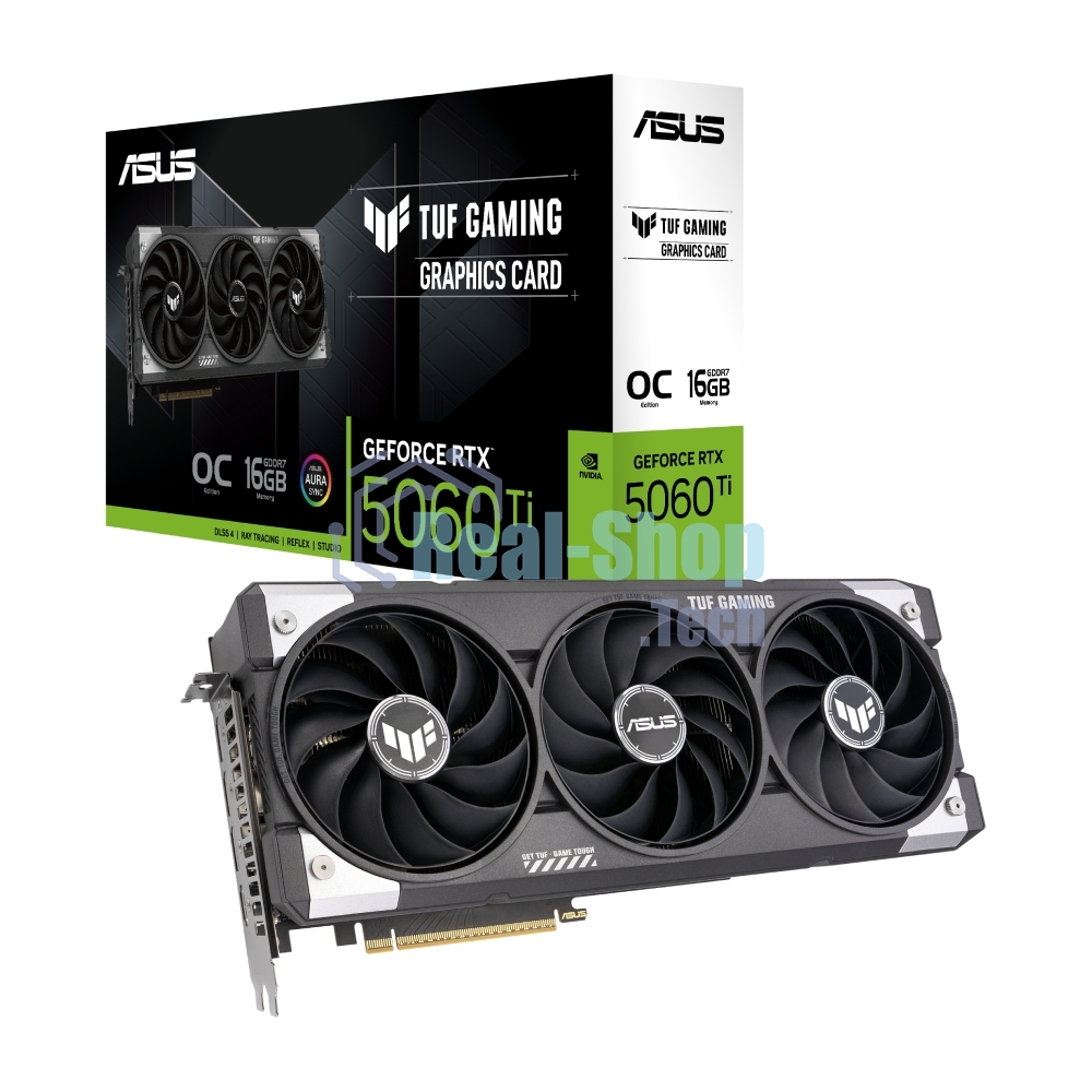 Видеокарта ASUS GeForce RTX 5060 TI TUF GAMING OC, NVIDIA RTX 5060 Ti, 16 ГБ GDDR7, 128 бит, PCI-e 5.0, 1xHDMI, 3xDP, 2632 МГц